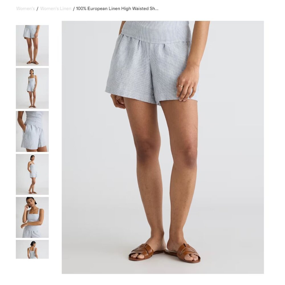 Quince 100% European Linen High Waisted Shorts XL in Blue Pinstripe